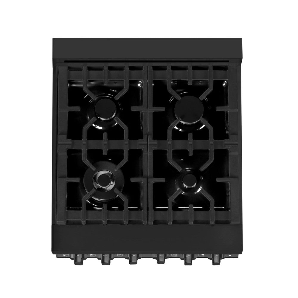 ZLINE 24 in. Professional Dual Fuel Range in Black Stainless Steel (RAB-24) from above showing cooktop with gas burners and cast-iron grates.