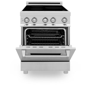 ZLINE 24 in. 2.8 cu. ft. Legacy Induction Range with 4 Element Cooktop and Electric Convection Oven in Stainless Steel (RAIND-24) front, oven half open.