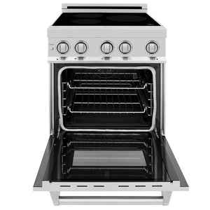 ZLINE 24 in. 2.8 cu. ft. Legacy Induction Range with 4 Element Cooktop and Electric Convection Oven in Stainless Steel (RAIND-24) front, oven open.