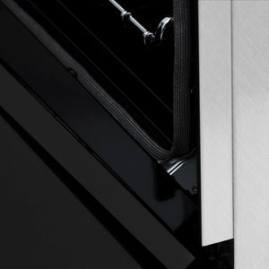 Close-up StayPut Oven Door Hinges on ZLINE 24 in. 2.8 cu. ft. Induction Range with a 4 Element Stove and Electric Oven in Black Matte (RAIND-BLM-24)