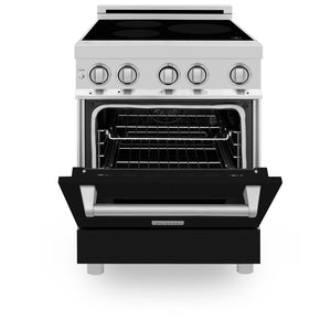 ZLINE 24 in. 2.8 cu. ft. Induction Range with a 4 Element Stove and Electric Oven in Black Matte (RAIND-BLM-24) front, oven door half open.