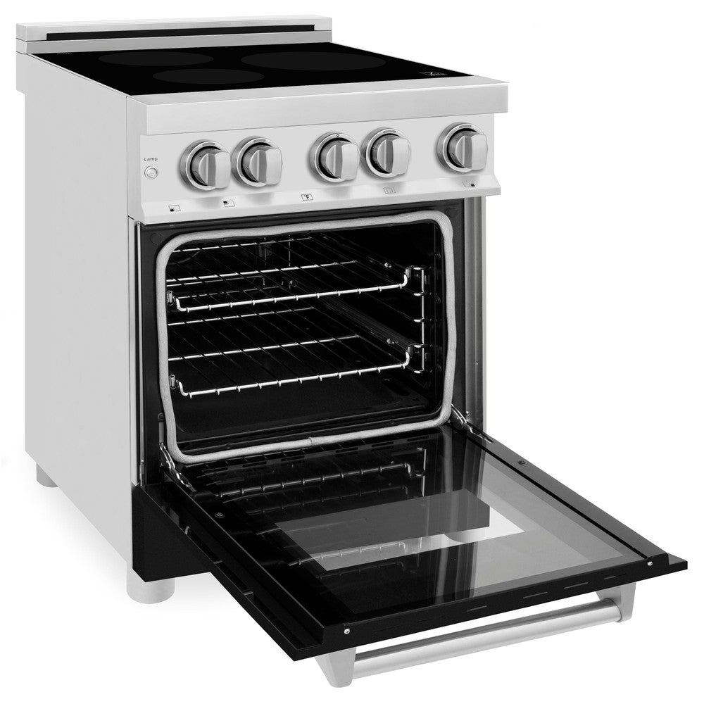 ZLINE 24 in. 2.8 cu. ft. Induction Range with a 4 Element Stove and Electric Oven in Black Matte (RAIND-BLM-24) side, oven door open.