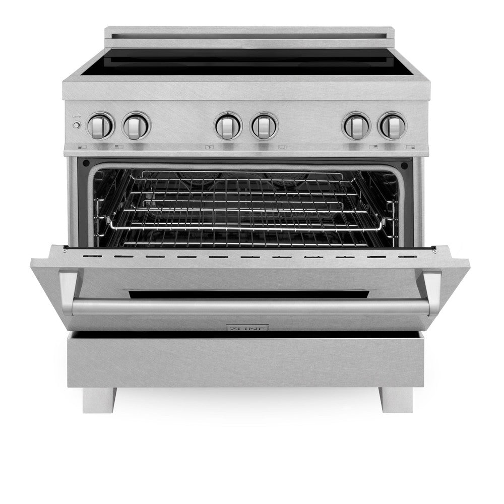 ZLINE 36 in. 4.6 cu. ft. Induction Range with a 5 Element Stove and Electric Oven in Fingerprint Resistant Stainless Steel (RAINDS-SN-36) front, oven door half open.