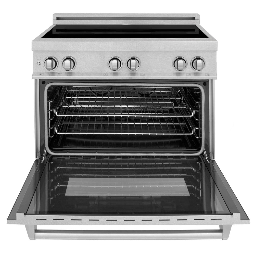 ZLINE 36 in. 4.6 cu. ft. Induction Range with a 5 Element Stove and Electric Oven in Fingerprint Resistant Stainless Steel (RAINDS-SN-36) front, oven door open.