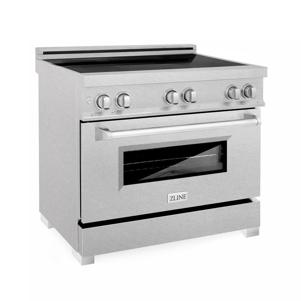 ZLINE 36 in. 4.6 cu. ft. Induction Range with a 5 Element Stove and Electric Oven in Fingerprint Resistant Stainless Steel (RAINDS-SN-36) side, oven closed.