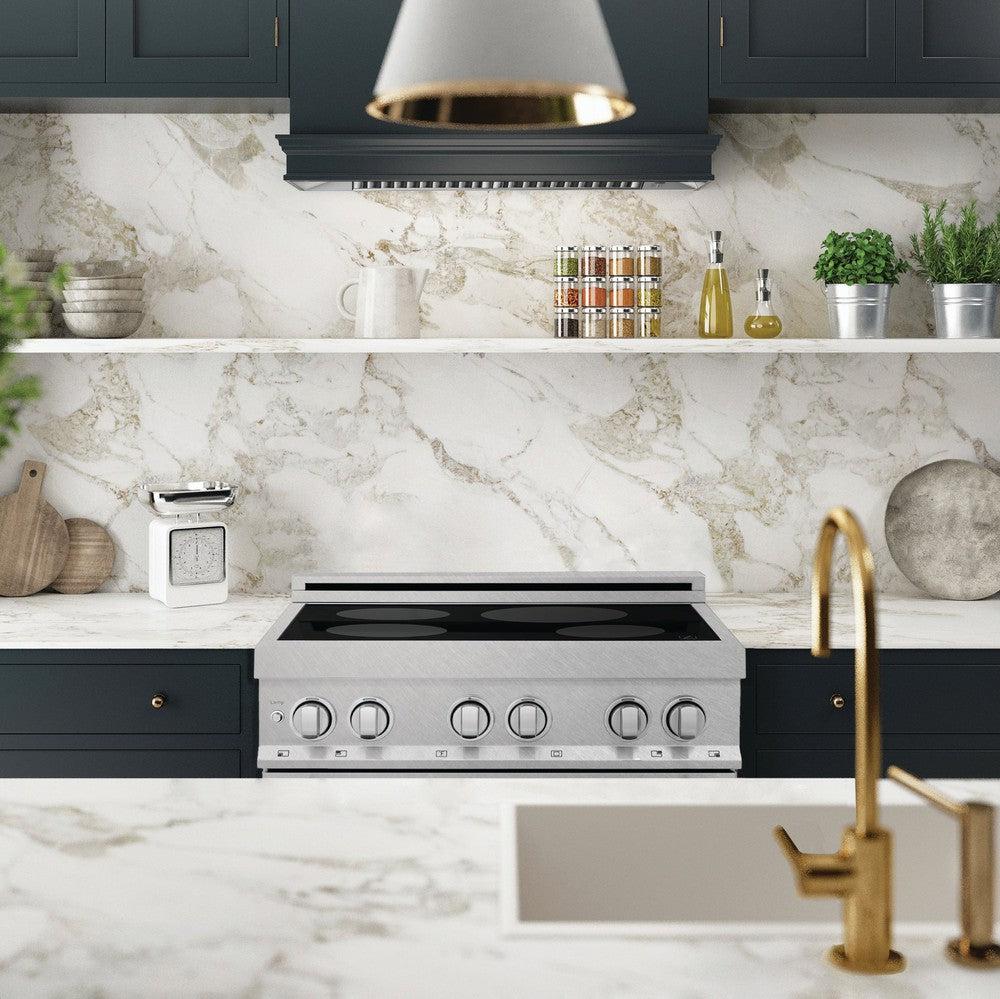 ZLINE 30 IN. 4.0 cu. ft. Induction Range in Fingerprint Resistant Stainless Steel with a 4 Element Stove and Electric Oven (RAINDS-SN-30) in Modern Farmhouse Style Kitchen with ZLINE Range Hood