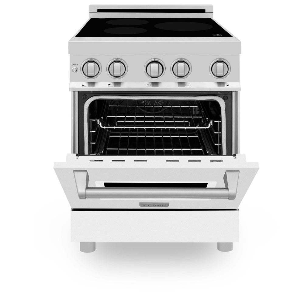 ZLINE 24 in. 2.8 cu. ft. Induction Range with a 4 Element Stove and Electric Oven in White Matte (RAIND-WM-24) front, oven door half open.