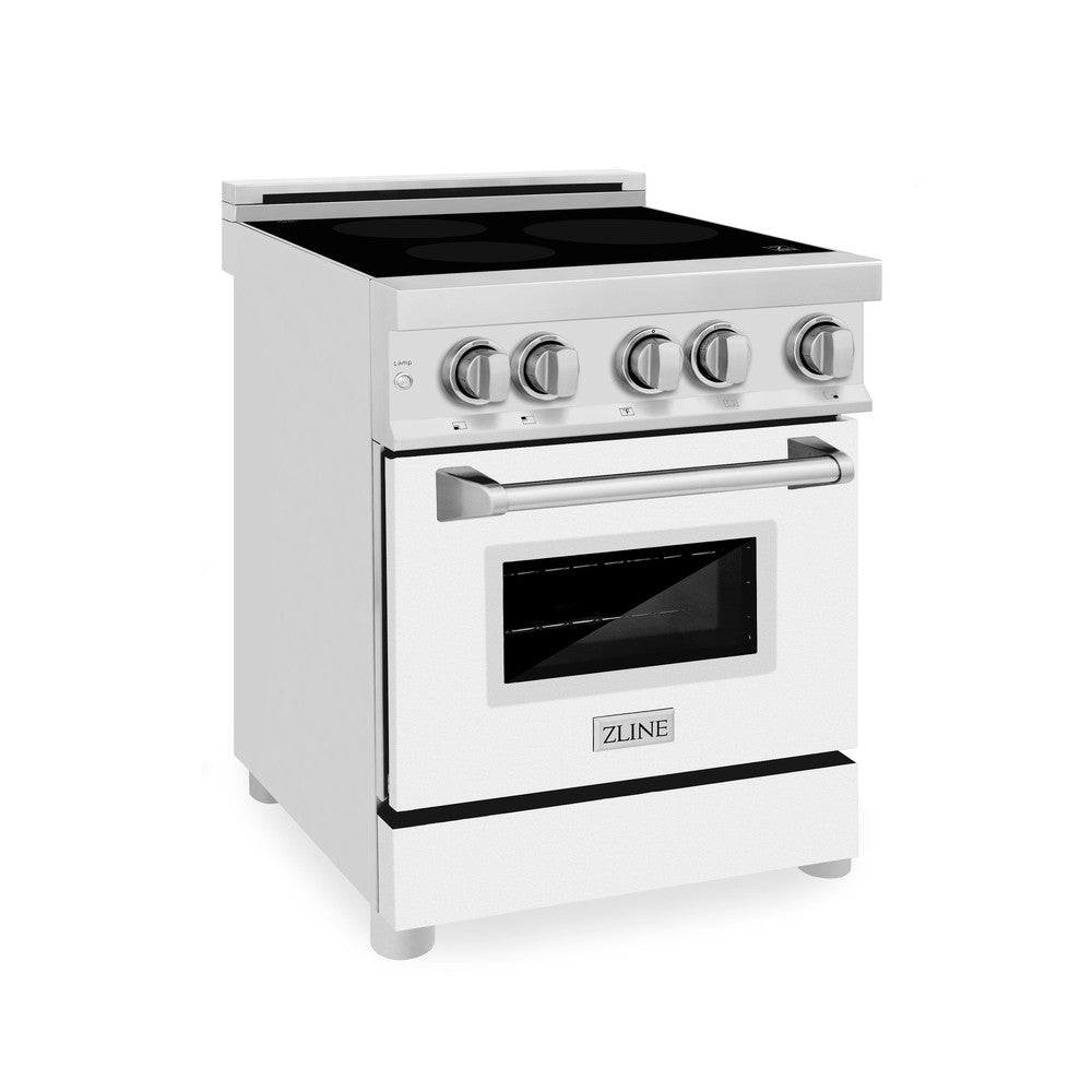 ZLINE 24 in. 2.8 cu. ft. Induction Range with a 4 Element Stove and Electric Oven in White Matte (RAIND-WM-24) side, oven closed.