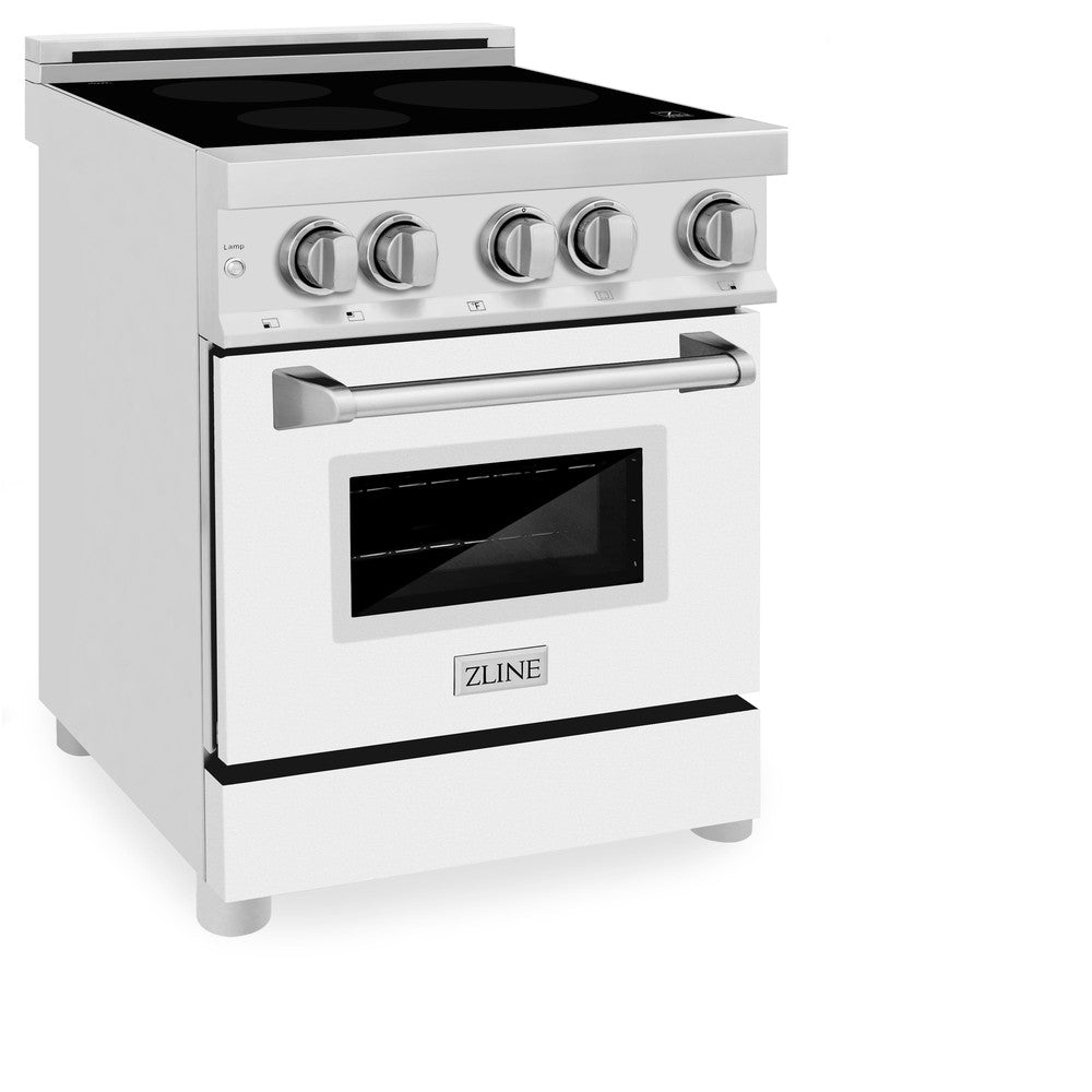 ZLINE 24 in. 2.8 cu. ft. Induction Range with a 4 Element Stove and Electric Oven in White Matte (RAIND-WM-24) side, oven door closed.