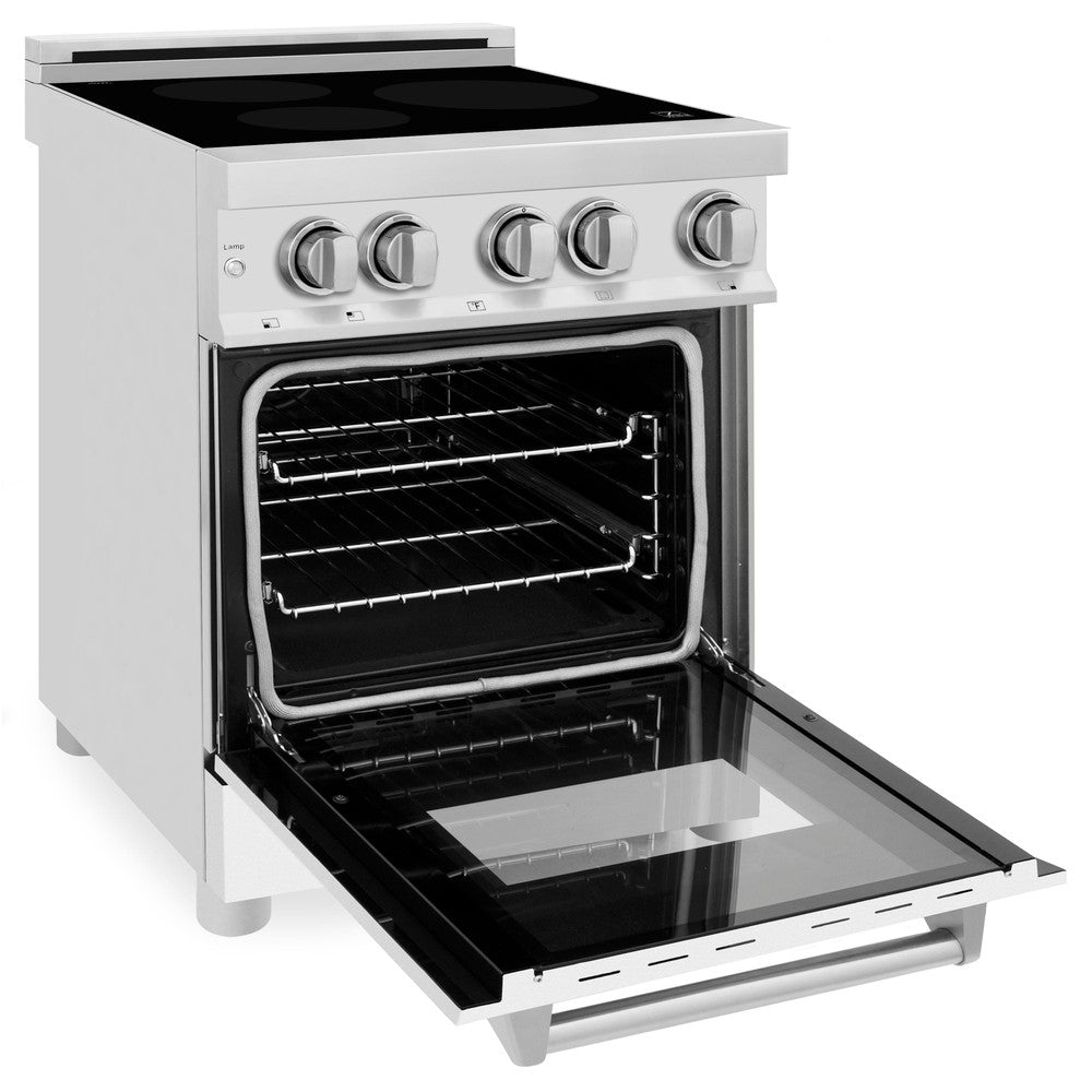 ZLINE 24 in. 2.8 cu. ft. Induction Range with a 4 Element Stove and Electric Oven in White Matte (RAIND-WM-24) side, oven door open.
