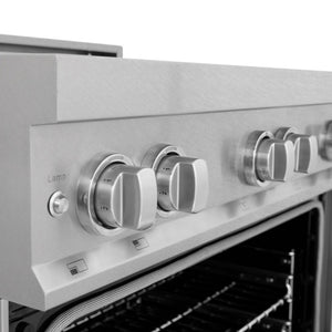 ZLINE 36 in. 4.6 cu. ft. Induction Range with a 5 Element Stove and Electric Oven in Fingerprint Resistant Stainless Steel (RAINDS-SN-36) close-up knobs and oven lamp control.