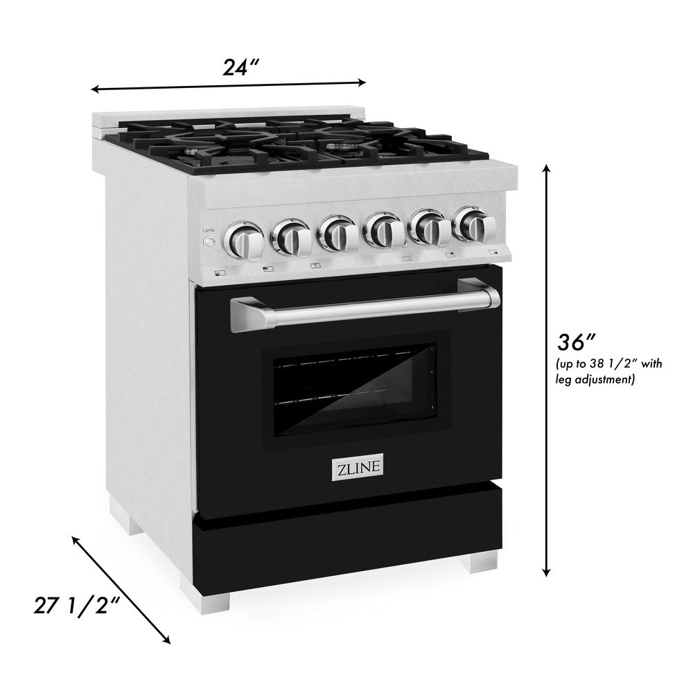 ZLINE 24 in. 2.8 cu. ft. Legacy Dual Fuel Range with 4 Burner Gas Cooktop and Electric Convection Oven in DuraSnow® Stainless Steel and Black Matte Door (RAS-BLM-24) dimensional diagram.