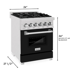 ZLINE 24 in. 2.8 cu. ft. Legacy Dual Fuel Range with 4 Burner Gas Cooktop and Electric Convection Oven in DuraSnow® Stainless Steel and Black Matte Door (RAS-BLM-24) dimensional diagram.