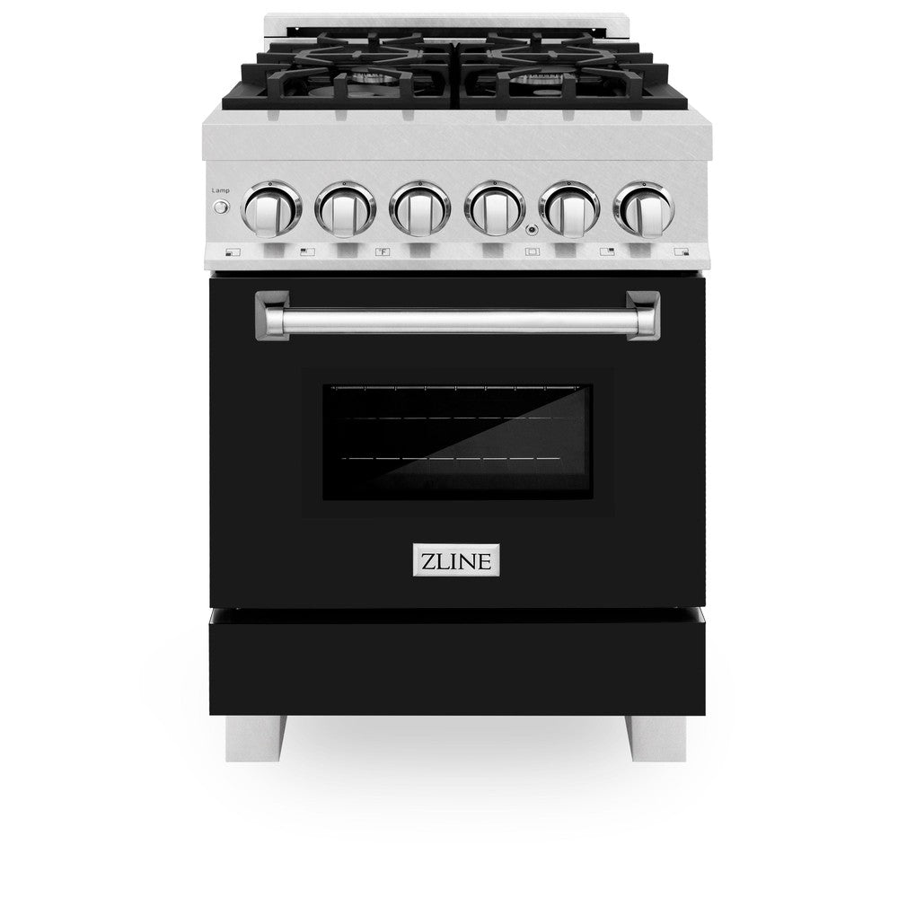 ZLINE 24 in. 2.8 cu. ft. Legacy Dual Fuel Range with 4 Burner Gas Cooktop and Electric Convection Oven in DuraSnow® Stainless Steel and Black Matte Door (RAS-BLM-24) front, oven closed.