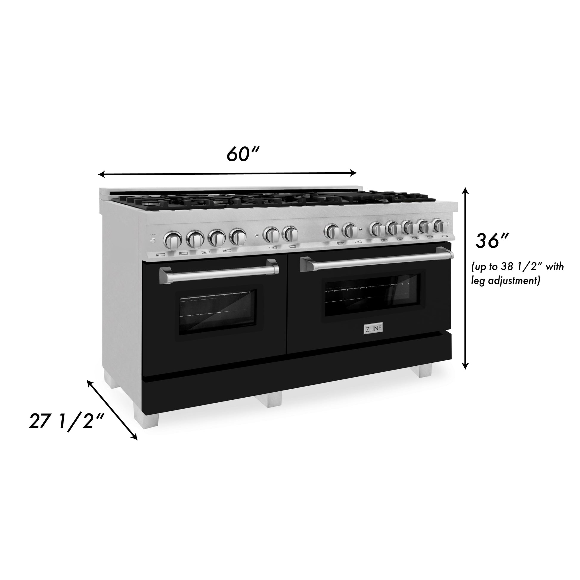 ZLINE 60 in. 7.4 cu. ft. Legacy Dual Fuel Range with 9 Burner Gas Cooktop and 2 Electric Convection Ovens in DuraSnow® Stainless Steel and Black Matte Doors (RAS-BLM-60) dimensional diagram.