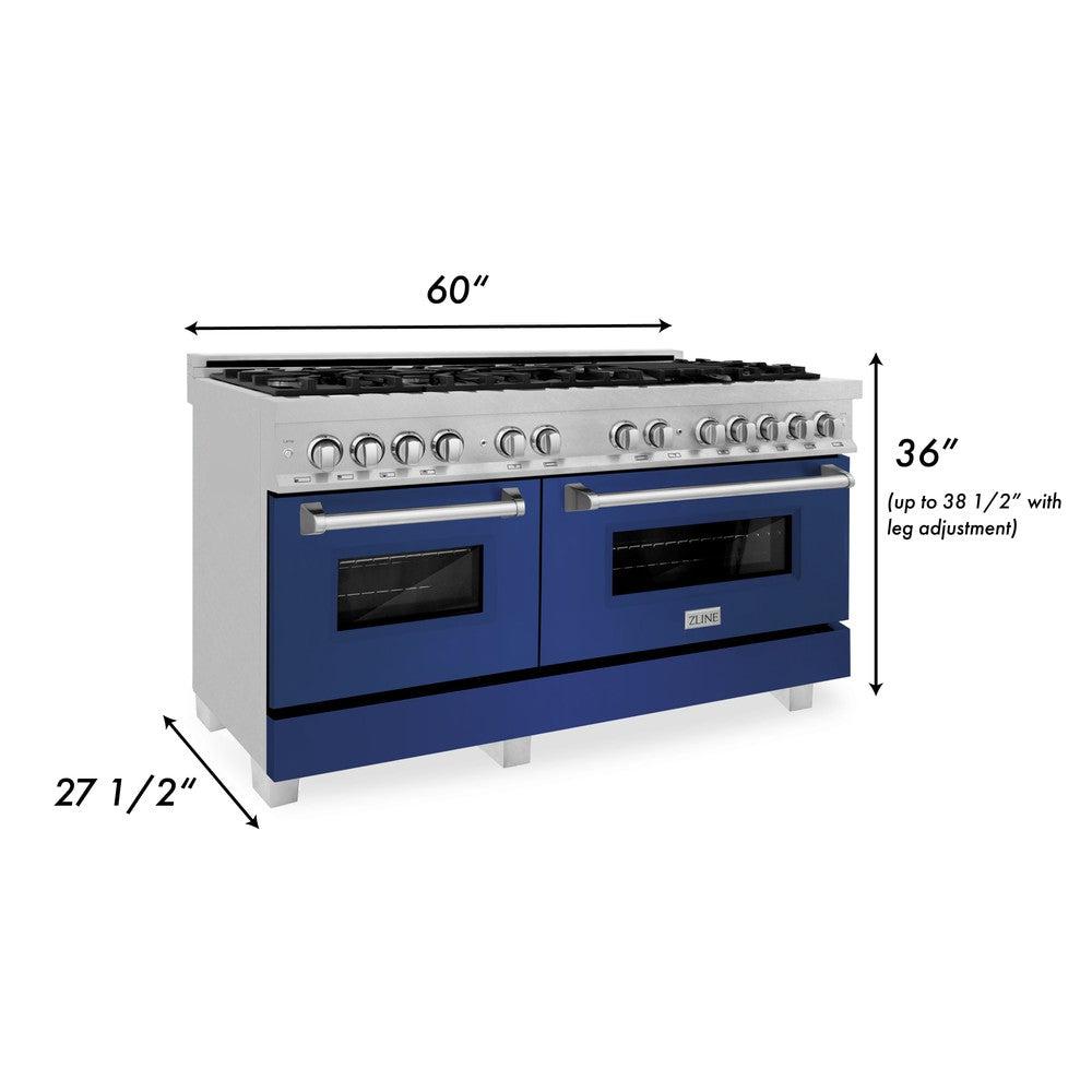 ZLINE 60 in. 7.4 cu. ft. Legacy Dual Fuel Range with 9 Burner Gas Cooktop and 2 Electric Convection Ovens in DuraSnow® Stainless Steel and Blue Matte Doors (RAS-BM-60) dimensional diagram.