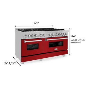 ZLINE 60 in. 7.4 cu. ft. Legacy Dual Fuel Range with 9 Burner Gas Cooktop and 2 Electric Convection Ovens in DuraSnow® Stainless Steel and Red Gloss Doors (RAS-RG-60) dimensional diagram.