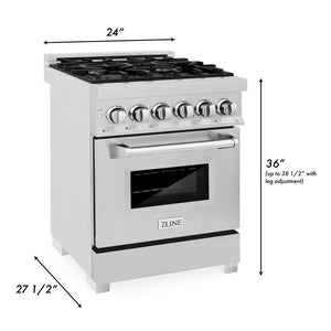 ZLINE 24 in. 2.8 cu. ft. Legacy Dual Fuel Range with 4 Burner Gas Cooktop and Electric Convection Oven in DuraSnow® Stainless Steel (RAS-SN-24) dimensional diagram.