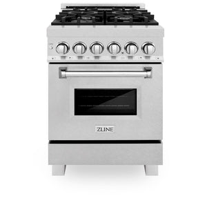 ZLINE 24 in. 2.8 cu. ft. Legacy Dual Fuel Range with 4 Burner Gas Cooktop and Electric Convection Oven in DuraSnow® Stainless Steel (RAS-SN-24) front, oven closed.