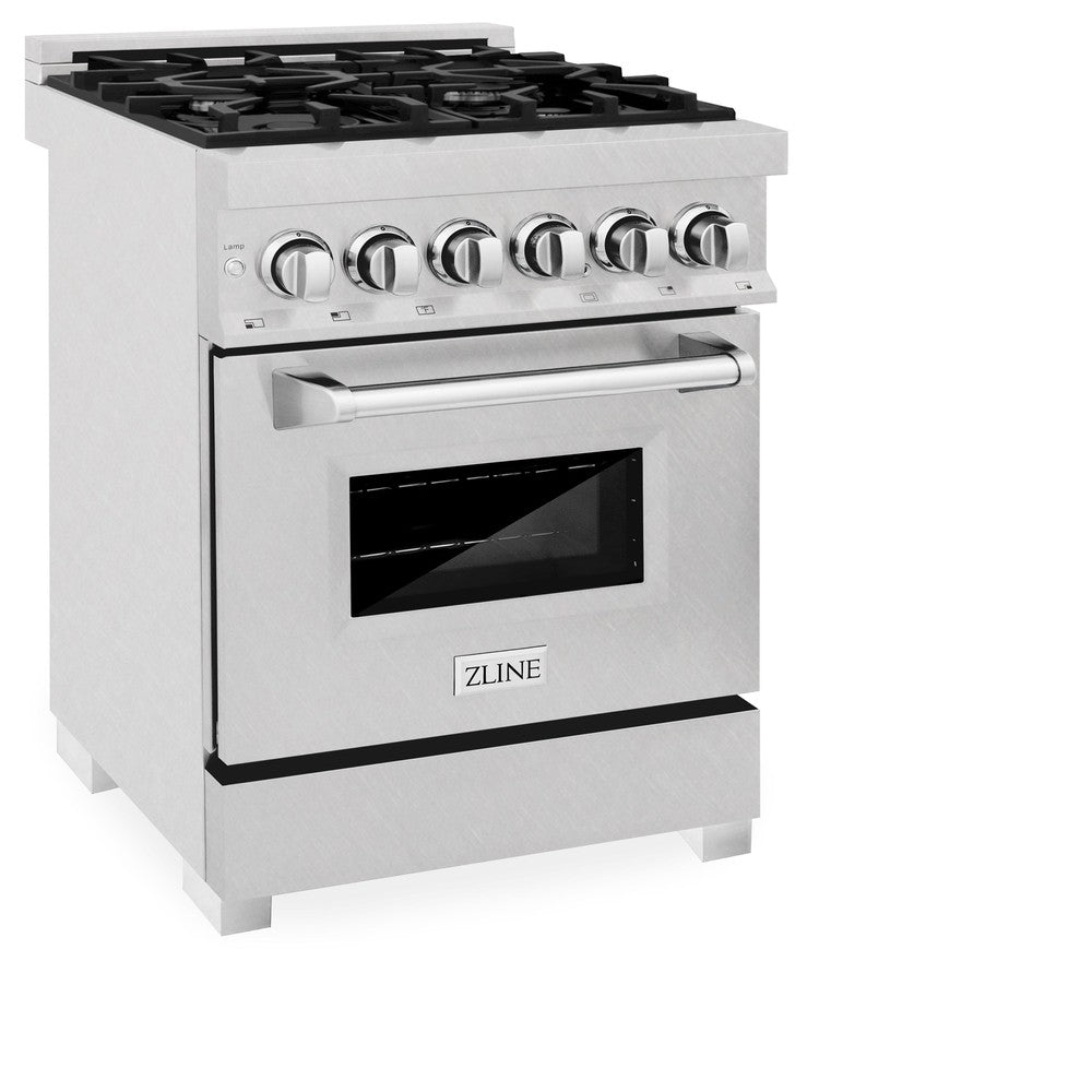 ZLINE 24 in. 2.8 cu. ft. Legacy Dual Fuel Range with 4 Burner Gas Cooktop and Electric Convection Oven in DuraSnow® Stainless Steel (RAS-SN-24) side, oven closed.