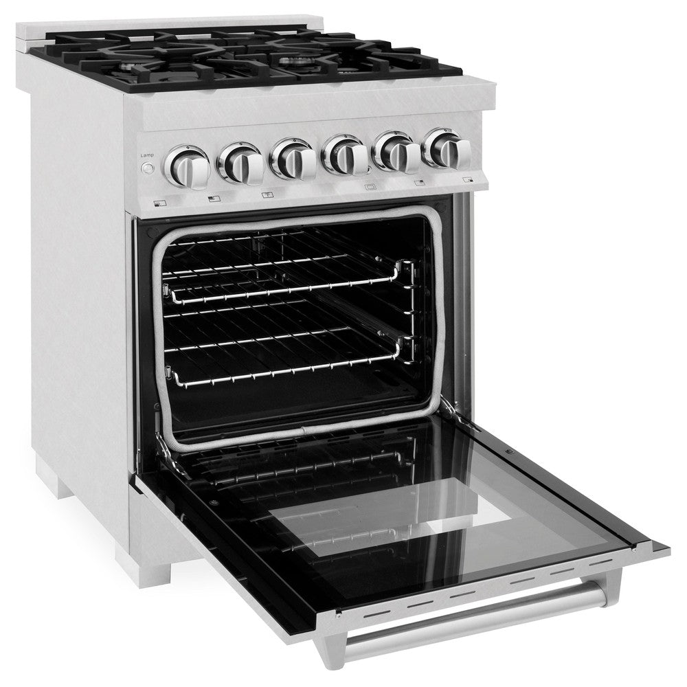 ZLINE 24 in. 2.8 cu. ft. Legacy Dual Fuel Range with 4 Burner Gas Cooktop and Electric Convection Oven in DuraSnow® Stainless Steel (RAS-SN-24) side, oven open.