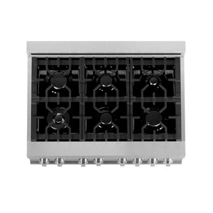 ZLINE 36 in. Professional Dual Fuel Range in Fingerprint Resistant Satin Stainless Steel (RAS-SN-36) above 6-burner gas cooktop.