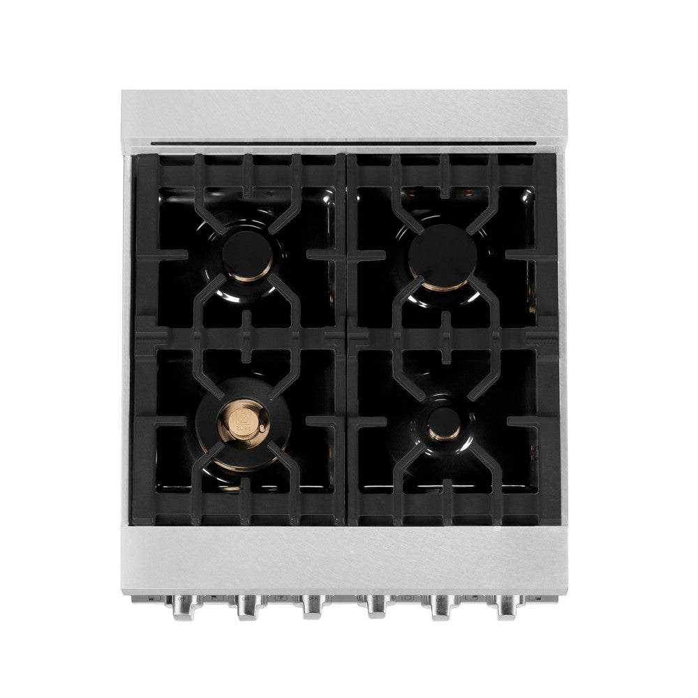 ZLINE 24 in. 2.8 cu. ft. Legacy Dual Fuel Range with Gas Cooktop and Electric Convection Oven in DuraSnow® Stainless Steel with 4 Brass Burners (RAS-SN-BR-24) top-view, above cooktop.