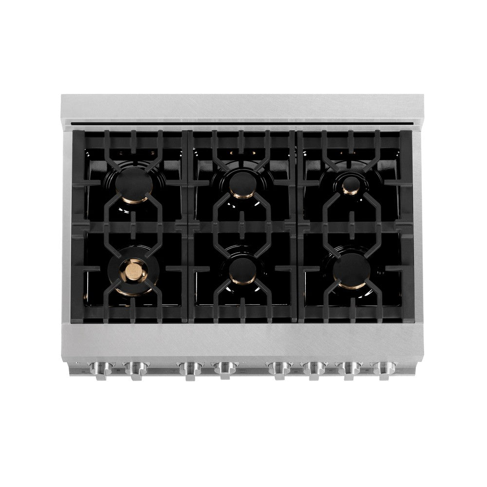 ZLINE 36 in. 4.6 cu. ft. Legacy Dual Fuel Range with Gas Cooktop and Electric Convection Oven in DuraSnow® Stainless Steel with 6 Brass Burners (RAS-SN-BR-36) top-view, above cooktop.