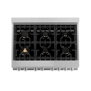 ZLINE 36 in. 4.6 cu. ft. Legacy Dual Fuel Range with Gas Cooktop and Electric Convection Oven in DuraSnow® Stainless Steel with 6 Brass Burners (RAS-SN-BR-36) top-view, above cooktop.