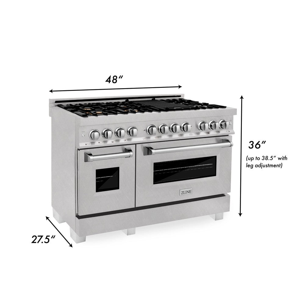 ZLINE 48 in. 6.0 cu. ft. Legacy Dual Fuel Range with Gas Cooktop and 2 Electric Ovens in DuraSnow® Stainless Steel with 6 Brass Burners (RAS-SN-BR-48) dimensional diagram.