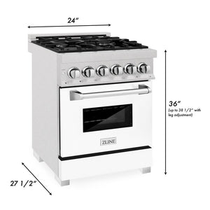 ZLINE 24 in. 2.8 cu. ft. Legacy Dual Fuel Range with 4 Burner Gas Cooktop and Electric Convection Oven in DuraSnow® Stainless Steel and White Matte Door (RAS-WM-24) dimensional diagram.