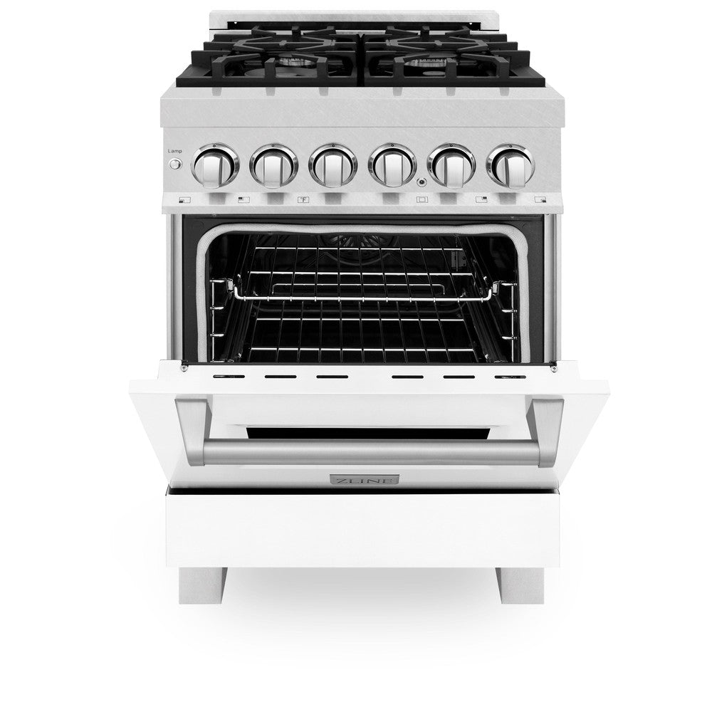 ZLINE 24 in. 2.8 cu. ft. Legacy Dual Fuel Range with 4 Burner Gas Cooktop and Electric Convection Oven in DuraSnow® Stainless Steel and White Matte Door (RAS-WM-24) front, oven half open.