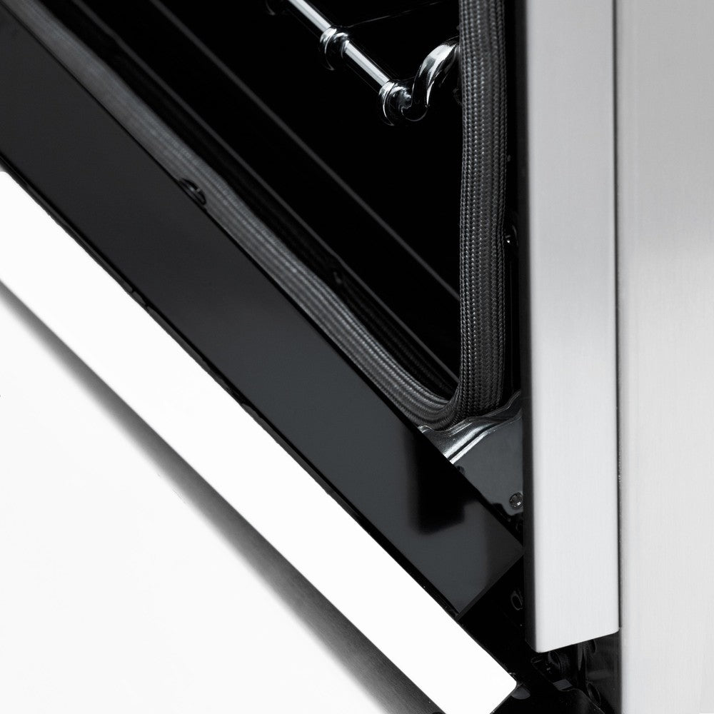 ZLINE Dual Fuel Range with Gas Stove and Electric Oven in Stainless Steel (RA) close-up, stay put oven door hinges.