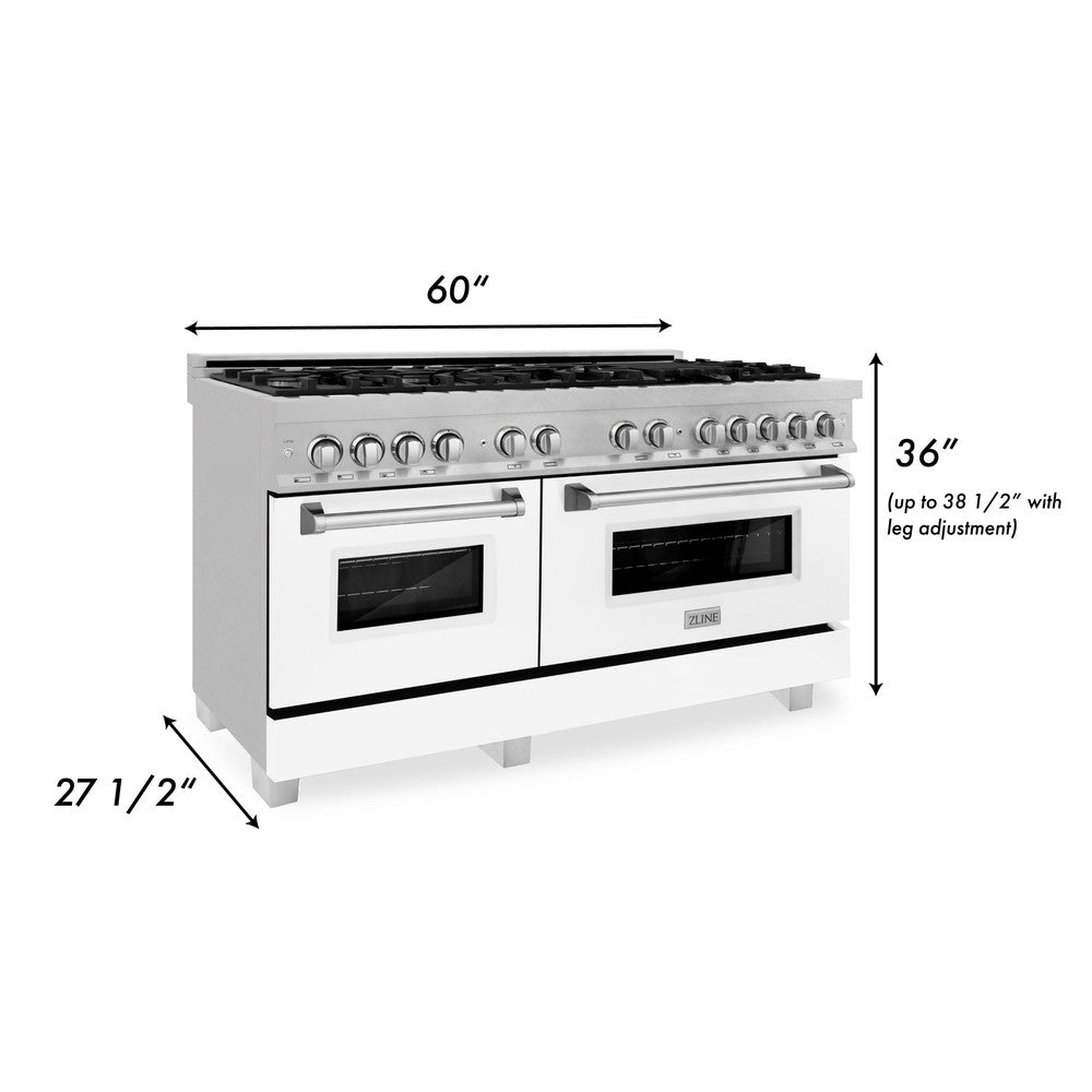 ZLINE 60 in. 7.4 cu. ft. Legacy Dual Fuel Range with 9 Burner Gas Cooktop and 2 Electric Convection Ovens in DuraSnow® Stainless Steel and White Matte Doors (RAS-WM-60) dimensional diagram.