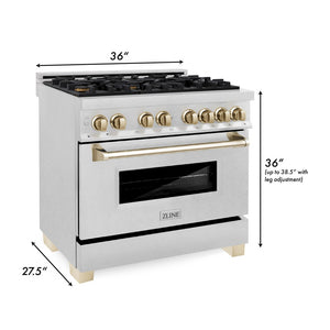 ZLINE Autograph Edition 36 in. 4.6 cu. ft. Legacy Dual Fuel Range with 6 Burner Gas Cooktop and Electric Convection Oven in DuraSnow® Stainless Steel and Polished Gold Accents (RASZ-SN-36-G) dimensional diagram.