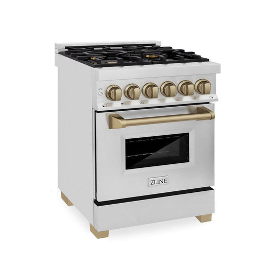 ZLINE Autograph Edition 24 in. 2.8 cu. ft. Legacy Dual Fuel Range with 4 Burner Gas Cooktop and Electric Convection Oven in Stainless Steel and Champagne Bronze Accents (RAZ-24-CB)