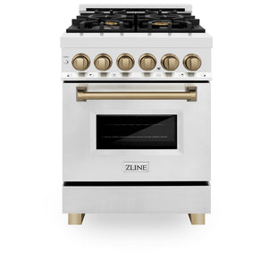 ZLINE Autograph Edition 24 in. 2.8 cu. ft. Legacy Dual Fuel Range with 4 Burner Gas Cooktop and Electric Convection Oven in Stainless Steel and Champagne Bronze Accents (RAZ-24-CB) front, oven closed.