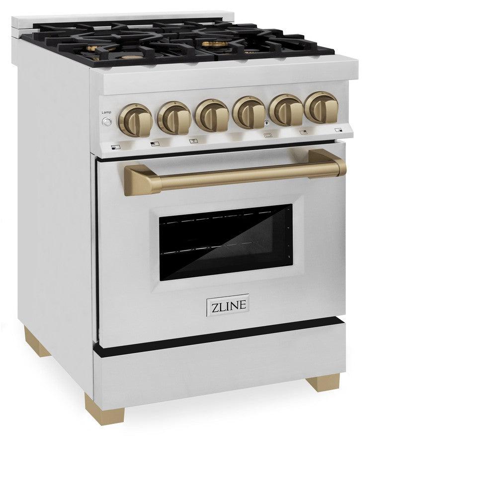 ZLINE Autograph Edition 24 in. 2.8 cu. ft. Legacy Dual Fuel Range with 4 Burner Gas Cooktop and Electric Convection Oven in Stainless Steel and Champagne Bronze Accents (RAZ-24-CB) side, oven closed.