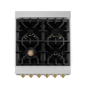 ZLINE Autograph Edition 24 in. 2.8 cu. ft. Legacy Dual Fuel Range with 4 Burner Gas Cooktop and Electric Convection Oven in Stainless Steel and Champagne Bronze Accents (RAZ-24-CB) top-down, above cooktop.