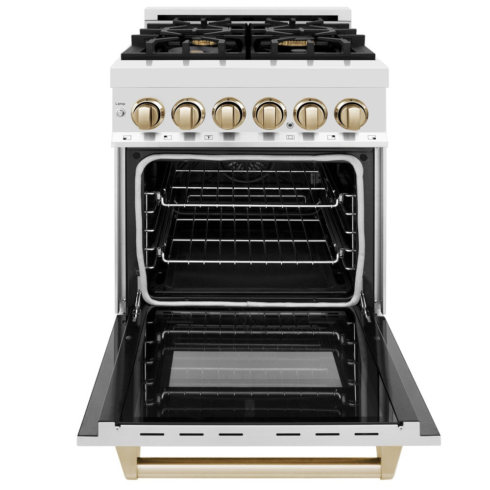 ZLINE Autograph Edition 24 in. 2.8 cu. ft. Legacy Dual Fuel Range with 4 Burner Gas Cooktop and Electric Convection Oven in Stainless Steel and Polished Gold Accents (RAZ-24-G) front, oven open.