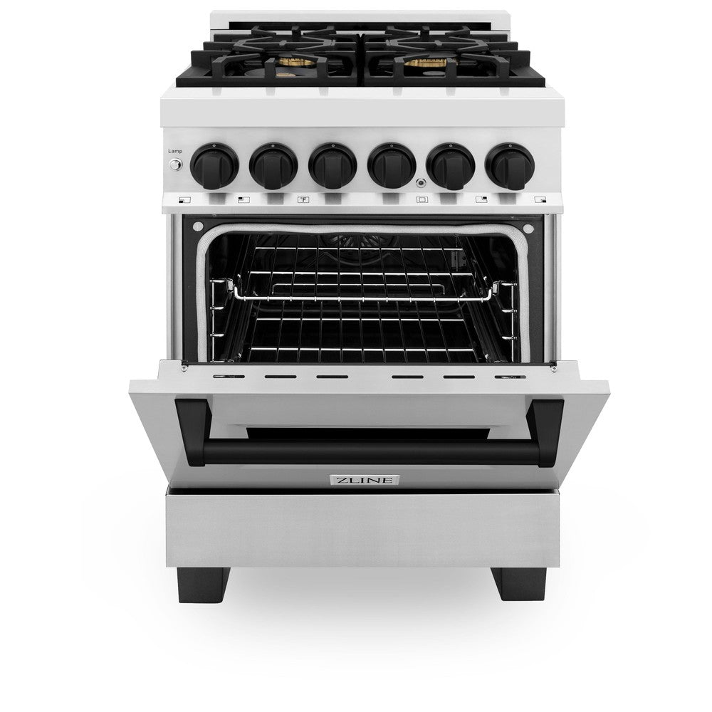 ZLINE Autograph Edition 24 in. 2.8 cu. ft. Legacy Dual Fuel Range with 4 Burner Gas Cooktop and Electric Convection Oven in Stainless Steel and Matte Black Accents (RAZ-24-MB) front, oven half open.