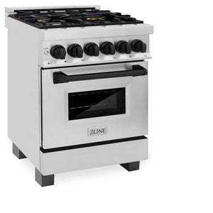 ZLINE Autograph Edition 24 in. 2.8 cu. ft. Legacy Dual Fuel Range with 4 Burner Gas Cooktop and Electric Convection Oven in Stainless Steel and Matte Black Accents (RAZ-24-MB) side, oven closed.