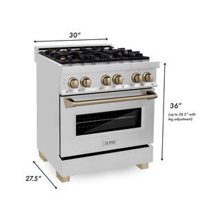 ZLINE Autograph Edition 30 in. 4.0 cu. ft. Dual Fuel Range with Gas Stove and Electric Oven in Stainless Steel with Champagne Bronze Accents (RAZ-30-CB) dimensional graphic with measurements.