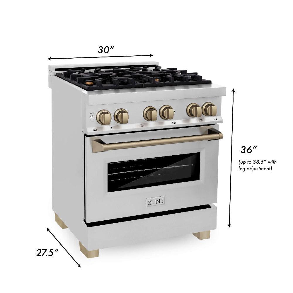 ZLINE Autograph Edition 30 in. 4.0 cu. ft. Dual Fuel Range with Gas Stove and Electric Oven in Stainless Steel with Champagne Bronze Accents (RAZ-30-CB) dimensional graphic with measurements.