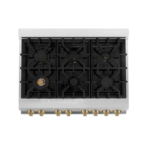 ZLINE Autograph Edition 36 in. 4.6 cu. ft. Legacy Dual Fuel Range with 6 Burner Gas Cooktop and Electric Convection Oven in Stainless Steel with White Matte Door and Champagne Bronze Accents (RAZ-WM-36-CB) top-down, above cooktop.