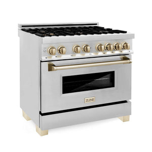 ZLINE Autograph Edition 36 in. 4.6 cu. ft. Dual Fuel Range with Gas Stove and Electric Oven in Stainless Steel with Polished Gold Accents (RAZ-36-G) side, oven closed.