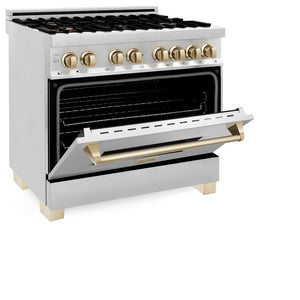 ZLINE Autograph Edition 36 in. 4.6 cu. ft. Dual Fuel Range with Gas Stove and Electric Oven in Stainless Steel with Polished Gold Accents (RAZ-36-G) side, oven half open.