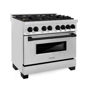 ZLINE Autograph Edition 36 in. 4.6 cu. ft. Dual Fuel Range with Gas Stove and Electric Oven in Stainless Steel with Matte Black Accents (RAZ-36-MB) side, oven closed.