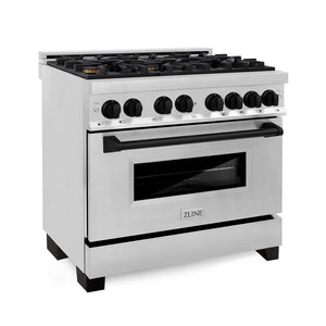 ZLINE Autograph Edition 36 in. 4.6 cu. ft. Dual Fuel Range with Gas Stove and Electric Oven in Stainless Steel with Matte Black Accents (RAZ-36-MB) side, oven closed.