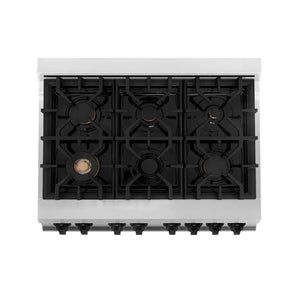 ZLINE Autograph Edition 36 in. 4.6 cu. ft. Dual Fuel Range with Gas Stove and Electric Oven in Stainless Steel with Matte Black Accents (RAZ-36-MB) above six-burner gas cooktop with brass burners.
